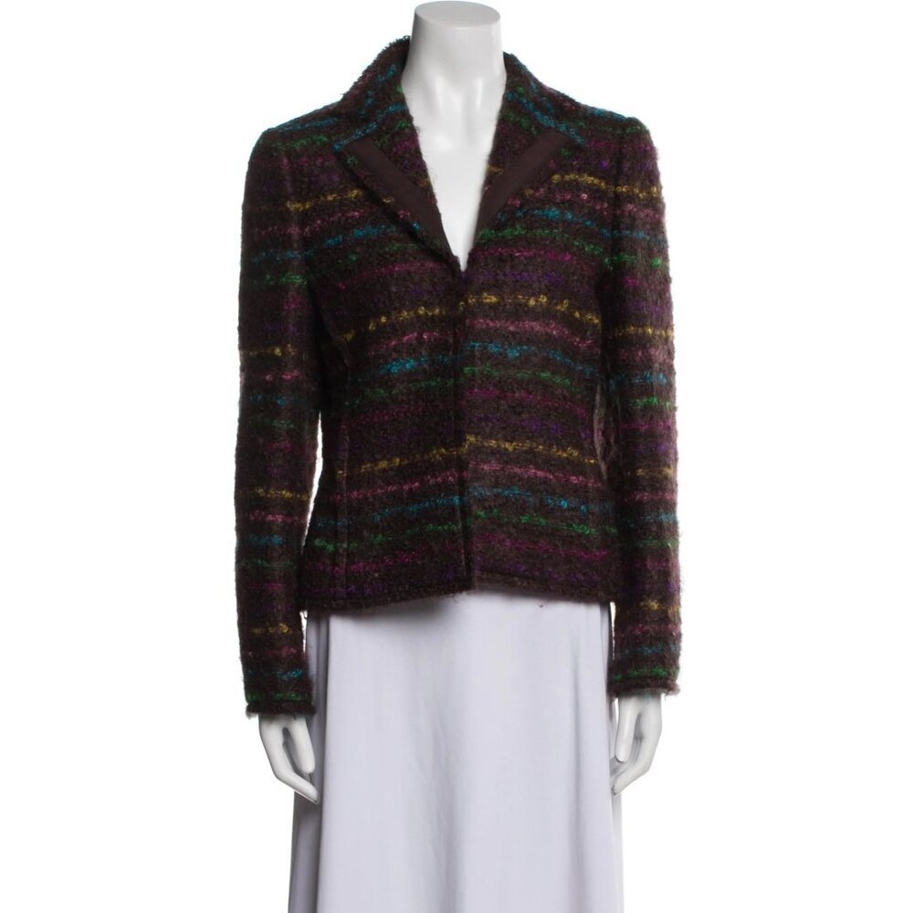 Akris Mohair Striped Blazer Brown Boucle Jacket US 10 Wool Blend Open Front